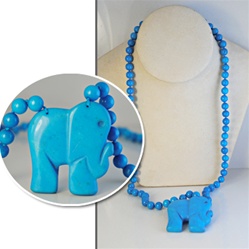 Wholesale Beautiful Synthetic Turquoise Elephant Pendant Necklace.  Elephant Pendant 1 3/4" x 2",  8mm beads, 24" long.