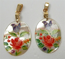 Oval Mother of Pearl Scrimshaw Pendants with Gold Bail - Rose & Tulip