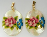 Oval Mother of Pearl Scrimshaw Pendants with Gold Bail Pink and Blue Flower