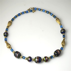 Blue Glass Indian Bead Choker with Brass Accents.  A bargain at $5.00  CHB102