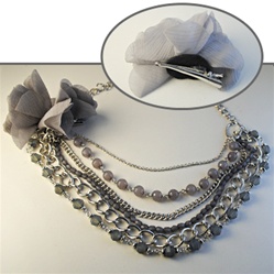 Wholesale Gray Multistrand Necklace & Pin Beautiful bead and chain necklace 14" with 3" extender chain. Comes with fabric flower to wear together or seperate.