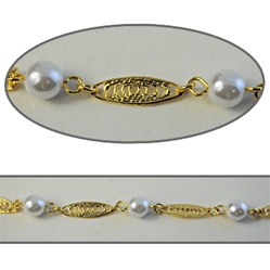 Wholesale Chanel Footage Alternating 6mm pearls with filigree ovals in gold plated setting, sold in 10 Feet minimum lengths.