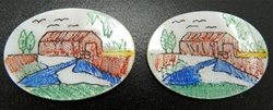 Vintage Oval Mother of Pearl Scrimshaw Covered Bridge