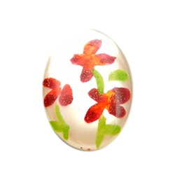 Vintage Oval Mother of Pearl Scrimshaw 3 Dark Red Flowers
