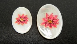 Vintage Oval Mother of Pearl Scrimshaw Red Flower