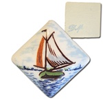 Genuine Vintage Blue Delft  Charming sailboat scene stone, 22mm.