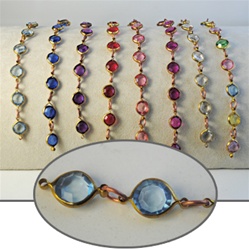 Faceted Crystal Lucite Chain Crystal lucite stones in gold plated setting, 8mm, sold in 10 Feet minimum lengths. Available in 8 colors, Amethyst, Rose, Siam, Crystal, Sapphire, Lt. Sapphire, Fuchsia & Multi.