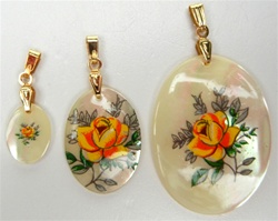 Oval Mother of Pearl Scrimshaw Pendants with Gold Bail Yellow Rose