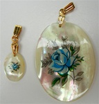 Oval Mother of Pearl Scrimshaw Pendants with Gold Bail Blue Rose