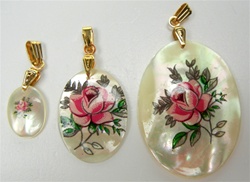 Oval Mother of Pearl Scrimshaw Pendants with Gold Bail Pink Rose