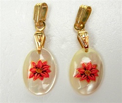 Oval Mother of Pearl Scrimshaw Pendants with Gold Bail Red Flower