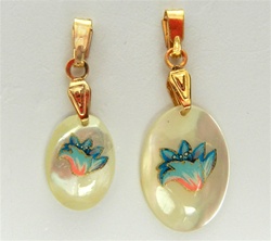 Oval Mother of Pearl Scrimshaw Pendants with Gold Bail Blue Unfurl