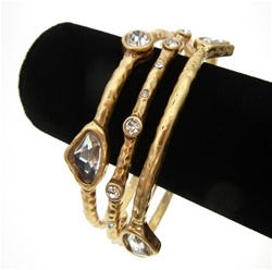 Chico's Bangle Bracelet Trio with Clear Crystal Stone Accents in Matted Gold
