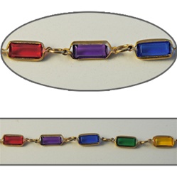 Rectangle Crystal Lucite Chain Multi colored crystal lucite stones in gold plated setting,10x6mm, sold in 10 Feet minimum lengths.