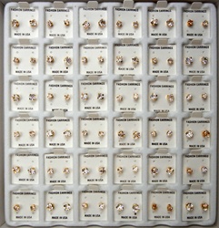 Carded Pierced Earring (Easel Back) Display - 36 sets - Assorted Crystal Stud Earrings Gold Plated