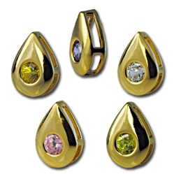 Wholesale gold plated CZ pear sliders 10mm. Comes in five dazzling colors! Crystal, Pink, Peridot, Amethyst and Canary Yellow.
