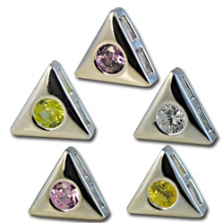Wholesale silver plated CZ triangle sliders 10mm. Comes in five dazzling colors! Crystal, Pink, Peridot, Amethyst and Canary Yellow.