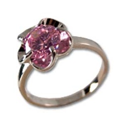 Lady's High Quality Cubic Zirconia Rings</B><br>Silver Plated Flower Ring with Pink Stone