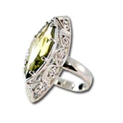 Lady's High Quality Cubic Zirconia Rings</B><br>Silver Plated Cocktail Ring with Lg Light Peridot CZ and Filigree Setting. L304