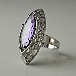 Lady's High Quality Cubic Zirconia Rings Silver Plated Cocktail Ring with Lg Amethyst Marquise CZ and Filigree Setting. L304A