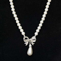 Pearl with Crystal Studded Bow and Tear Drop, 16" Necklace with 2" Extender