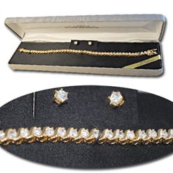 Wholesale Genuine Cubic Zirconia Set Dazzling gold plated CZ bracelet & earrings, 7 1/2". Comes with silver gift box.